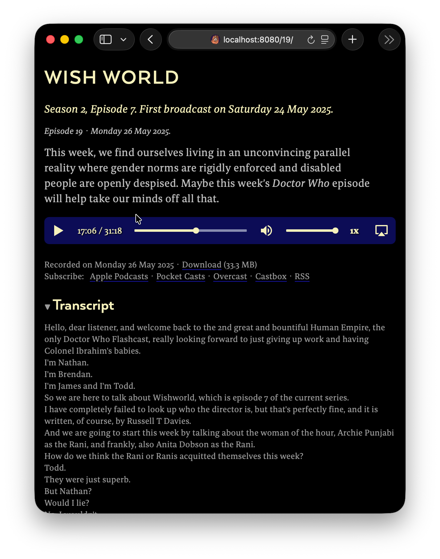 Screenshot depicting a browser window showing an episode page with an interactive transcript, including the episode title and blurb, an audio player and the transcript itself below that